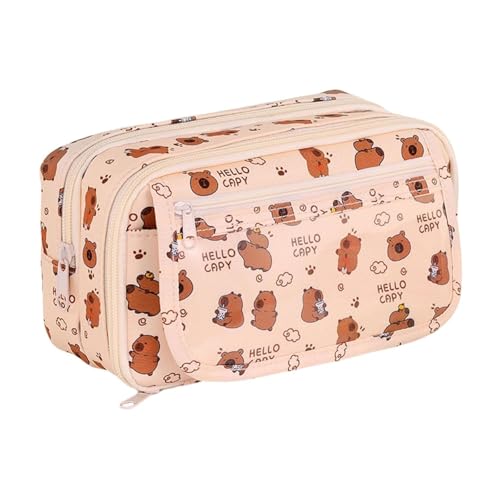 Image of Pencil Pouch for Girls - Aesthetic Multi-Compartment Zipper Pouch with Drawstring Pocket, Cute Kawaii Pencil Case, Stylish Stationery Pouch, Return Gift for Kids & School Use (Hello Capy)