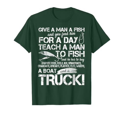 Funny Fishing Teach A Man to Fish T-Shirt T-Shirt, Men, Dark Green, 3X-Large