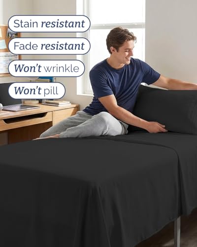 Image of Twin XL 4 Piece Sheet Set - College Dorm Room Essentials - Black | Ultra Soft Dorm Bedding Set, 8 inch to 16 inch Inch Deep Pockets, 1 Flat & 1 Fitted Sheet & 2 Pillowcases, Wrinkle & Fade Free