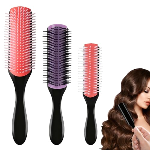 Image of 9-Row Styling Brushes with Nylon Bristle,3 Sizes Cushion Curly Hair Brush with Anti-static Rubber Pad,Curl Defining Brush for Separating,Shaping,Blow-Drying,Detangling,Styling(Pink+Purple)