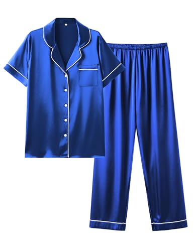 Ekouaer Satin Pajamas Set Women Short Sleeve Sleepwear Soft Button Down Loungewear Pjs Set Dark Blue