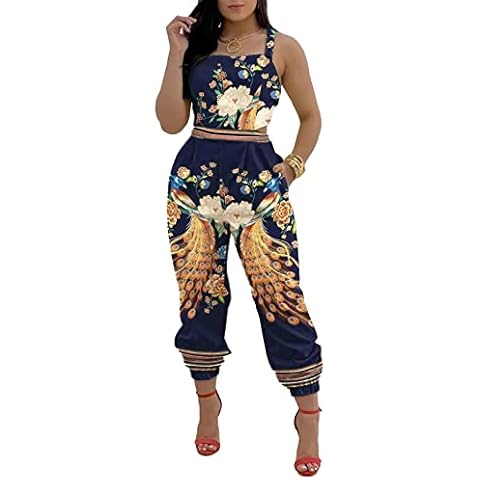 Mandonce Printed Jumpsuit for Women Suspenders Sleeveless Lace-up Loose Long Strappy Pants with Pockets Cover