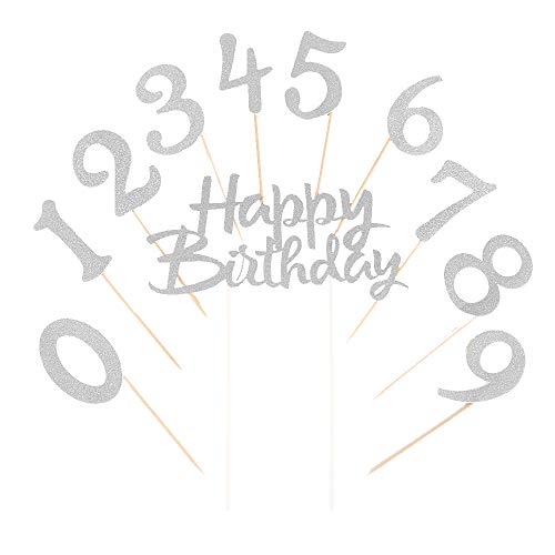 LVEUD Silver Glitter 0-9 Cake Topper and Happy Birthday Cake Topper For 18th-21th-30th-40th-50th-60th-70th-80th-90th Birthday Party Decoration Supplies of set 21