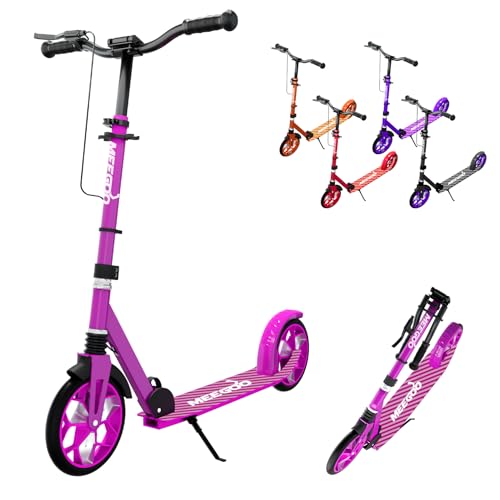MEE GOO Faltbarer Roller für Kinder und Erwachsene, höhenverstellbarem Lenker, Doppelbremsen, 8' Rädern, rutschfestem Deck, bis 100kg (220lbs) (Rosenrot)