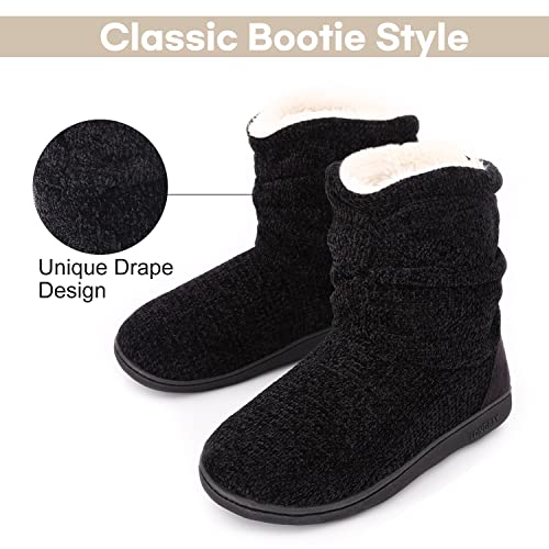 Longbay Women's Chenille Knit Bootie Slippers Cute Plush Fleece Memory Foam House Shoes (Large / 9-10 B(M), Black) #TOP4