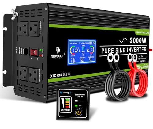 Image of Novopal 2000 Watts Pure Sine Wave Inverter 24V DC to 120V AC Converter for Truck,Home, RV, Off-Grid Power Inverter 24V to 110V with LCD Display, Remote Controller Black