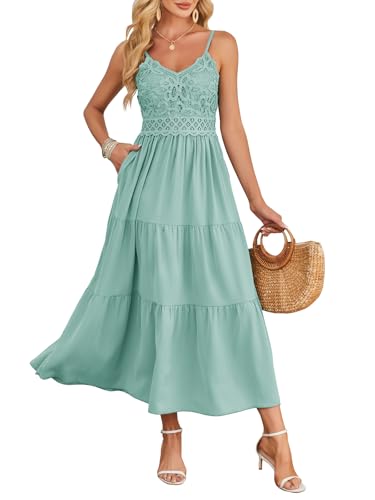 Dokuritu Women's Beach Crochet Lace Maxi Dress Solid Color Summer Vacation Spaghetti Strap Long Dress 2024