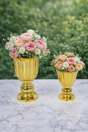 Image of Gold Metal Flower Vase for Table Decor Set of 2 | Tulip Fluted Urn Design | Electroplated Alloy Decorative Vase for Living Room, Home Decor (Champagne Gold Finish)