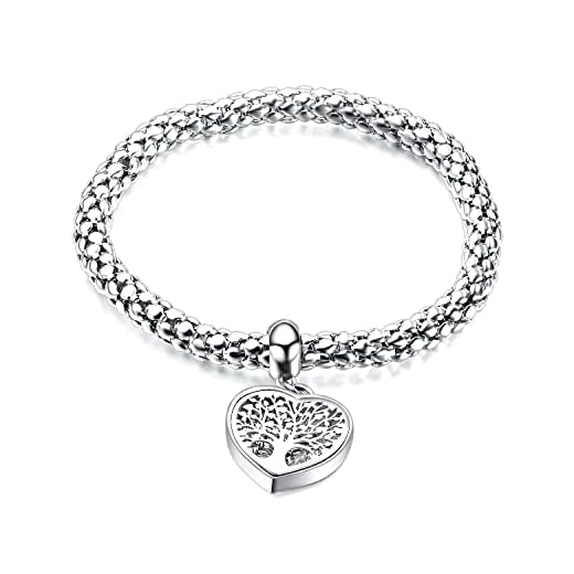Livets träd hänge armband för kvinnor, stretch popcorn armband roséguld silverpläterat rostfritt stål elastiskt armband hjärta hänge med kubisk zirkonia, Rostfritt stål, Kubisk zirkonia,