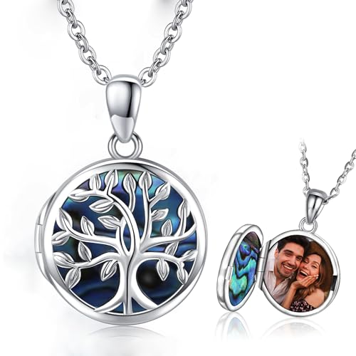 Collar de Medallón Fotográfico Árbol de la Vida, Colgante de Medallón con Foto de Plata de Ley 925, Regalo de Recuerdo joyería con memoria para Mujeres y Niñas (01)