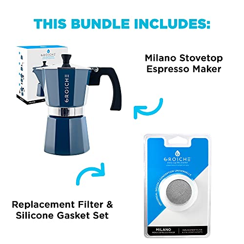 GROSCHE-Milano-Stovetop-Espresso-Maker-Moka-pot-6-espresso-Cup-93-oz-Blue-and-3-Replacement-Seals-Gaskets-Bundle-Stove-top-coffee-maker-Moka-Italian-espresso-coffee-maker-and-replacement-gaskets GROSCHE Milano Stovetop Espresso Maker Moka pot 6 espresso Cup 93 oz Blue and 3 Replacement Seals Gaskets Bundle Stove top coffee maker Moka Italian espresso coffee maker and replacement gaskets
