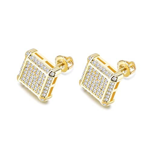 18K Gold Plated 925 Sterling Silver Iced Out Cubic Zirconia Screw Back Square Stud Earring For Men and Women Hypoallergenic Earring TwoTone Micropave Hip Hop Jewelry-Gold