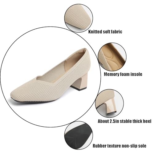 Women's Knit Square Toe Chunky Heel Dress Pump Mesh Breathable Slip On Mid Block Heel Formal Business Office Shoes Daily Non-Slip Soft Casual Shoes3