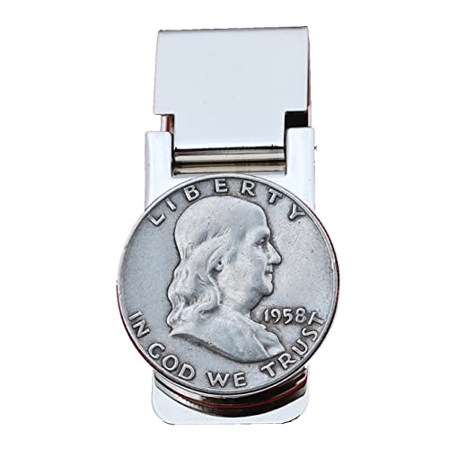 US 1958 Franklin Half Dollar 90% Silver Coin Hinged Money Clip NEW - Silver Plated Coin Bezel