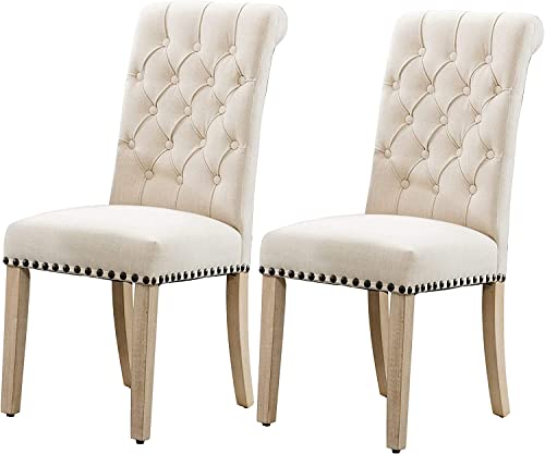 Loulens Linen Fabric Dining Chairs, Set Of 2 Modern Parson Chair, Fashionable Dining Room Chairs With Nailheads Trim, Button Tufting, Solid Wood Legs Living Room Chairs,Beige #TOP2