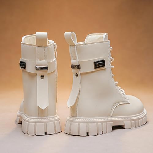 BANGTEUO Lace Up Ankle Boots For Girls Leather Combat Riding Boots Side Zipper Punk Goth Lug Sole Ankle Booties With Metal Buckle Decor For Dressy Birthday Daily Causal 4-11 Years (White,2.5) by BANGTEUO - Used condition - Image 4