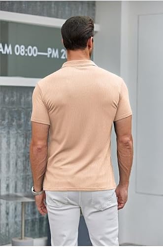 Coofandy Men's Muscle T Shirts Stretch Short Sleeve Slim Fit Polo Shirts Bodybuilding Workout Tee Shirts Light Tan #TOP3