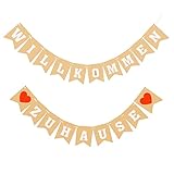 Herzlich Willkommen Girlande, 18 x 13cm Willkommen Zuhause Banner mit Einfädelnadel 5m weiß Seil willkommen zurück für Einweihung Empfang Zuhause Party (Braun)