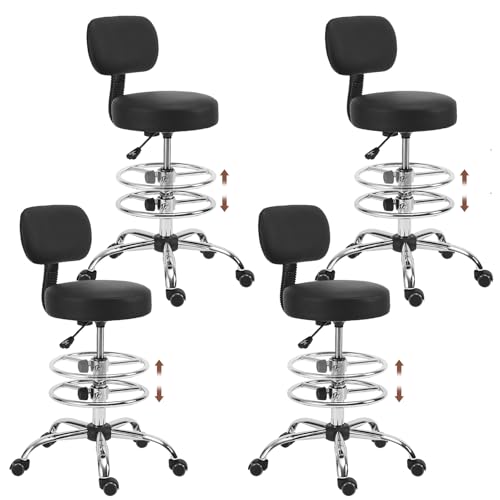Image of KLASIKA Drafting Stool Chair with Ergonomic Backrest & Footrest, Padded Leather Seat Adjustable Height 360 Swivel Rolling Stools, Tall Office Chair for Standing Desk, Counter, Medical, Black, 4 Pack