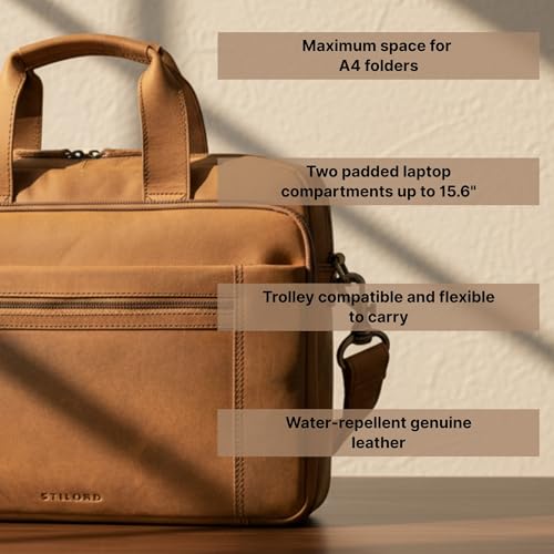 STILORD "Alberto" Duża Torba Na Laptopa 15,6" Skórzana Aktówka Męska Torba Na Dokumenty A4 Elegancka Teczka Z Uchwyt Na Trolley Skóra Naturalna Kolor:tan - ciemnobrązowy