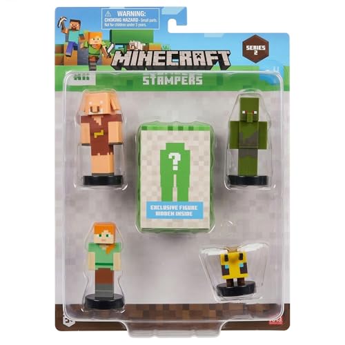 P.M.I. Minecraft 3D Stampers Series 2 Collector Set – Officially Licensed Minecraft Mini Figures 5 Character Stampers with Piglin, Alex, Bee, Zombie & 1 Mystery Character, 12 to Collect, Version B