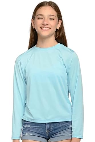 INGEAR Girls Long Sleeve Rash Guard Swim Shirt Outdoor Sports Shirt Lightweight Athletic Tee Protective Quick Dry (Blue Mist, Large)