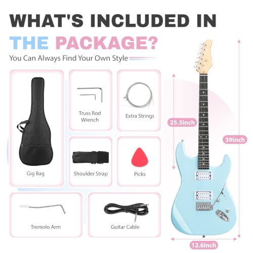 Image of Ktaxon 39 Inch Solid Body Electric Guitar with H-H Pickup, Sky Blue | 6 Strings Guitarra Electrica with Gig Bag, Strap, Whammy Bar, Maple Neck for Beginners & Musicians, Rock Metal, Right Hand