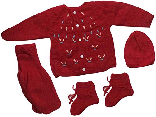 GenericHand Made New Born Baby Woolen Round Neck Sweater with Pyjami Cap and Pair of Booties 0 to 6 Months Baby Boy's and Girls Green