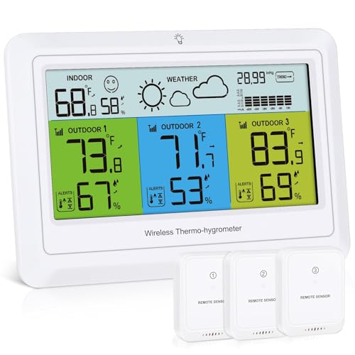 Ankilo Estaciones meteorológicas con sensor exterior, termómetro inalámbrico para interiores y exteriores, higrómetro con 3 sensores, termómetro digital de humedad con pantalla a color, luz de fondo