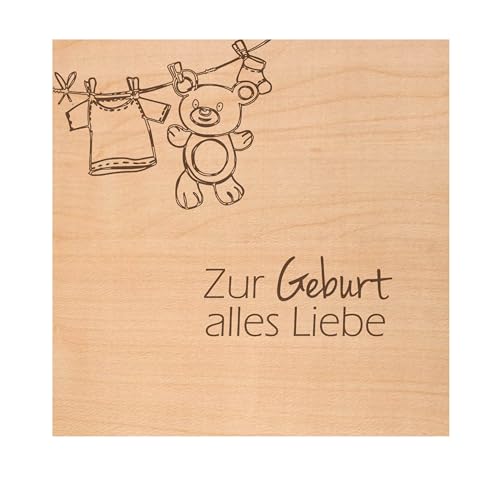 Original Holzgrusskarte - Geburtskarte aus Kirschholz für besondere Glückwünsche zur Geburt, Motiv Zur Geburt alles Liebe, Geburtsbillet, Glückwunschkarte, Postkarte, Geschenkkarte für Eltern