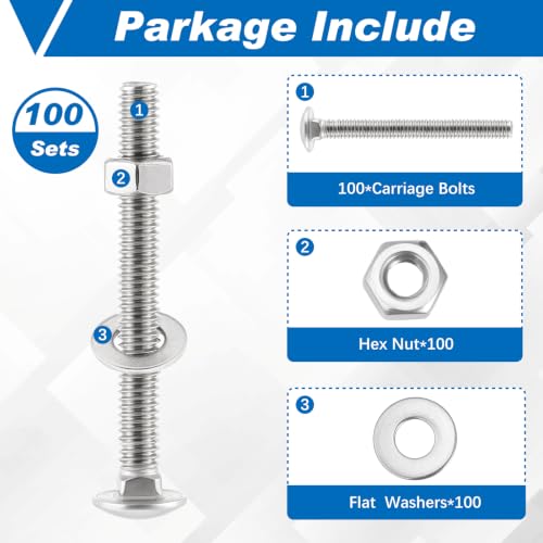 Image of Zonon Stainless Steel Carriage Bolts and Nuts Kit Round Head Square Neck Carriage Bolts Screws and Hex Nuts and Flat Washers, Stainless 18-8 Full Thread Coverage(5 /16-18 x 3 inch,Black,100 Sets)