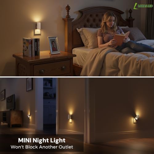 Image of L LOHAS LED Night Light, Soft White 3000K, Light Sensor, White Shade,4 Pack | 50 /100LM Dimmable, Plug into Wall, Rotating Nightlight Plug in Wall, Adults Kids Hallway Bedroom Bathroom Stairway Kitchen
