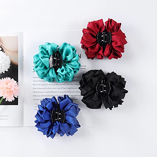 4 Pack Blue Black Burgundy Red Green Butterfly Octopus Korean Ribbon Silk Chiffon Large Rose Flower Bows Plastic Hair Claw Clips Jaw Barrettes Grips Clamps Decorative Bun Chignon Accessories For Women #TOP7