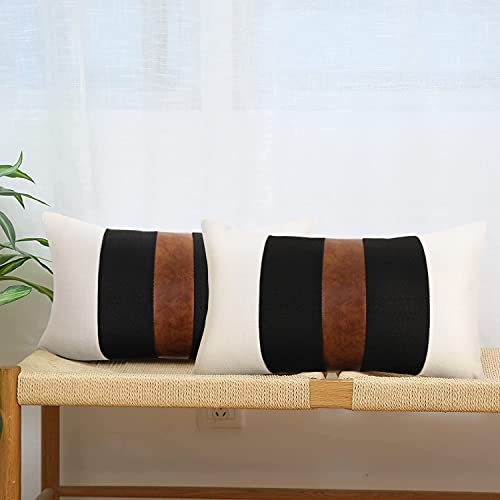Jasen Set Of 2 Faux Leather And Linen Lumbar Pillow Covers 12X20 Inch Black And White Modern Farmhouse Rectangular Accent Cushion Covers For Couch Sofa #TOP3