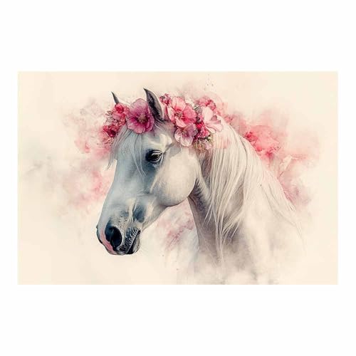 Poster cheval blanc aquarelle pour habiller un mur vide de salon avec une touche rose zen