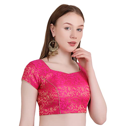 Image of Women's Short Sleeve Brocade (Chanderi) Readymade Stitched Saree Blouse Ready to Wear Half Sleeves Ladies Blouse