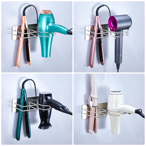 XILIMEN Hair Dryer and Straightener Holder Wall Mounted, Self Adhesive Metal Blow Dryer and Flat Iron Curler Storage Organiser Stand for Dressing Table Bathroom (Silver) - Image 2