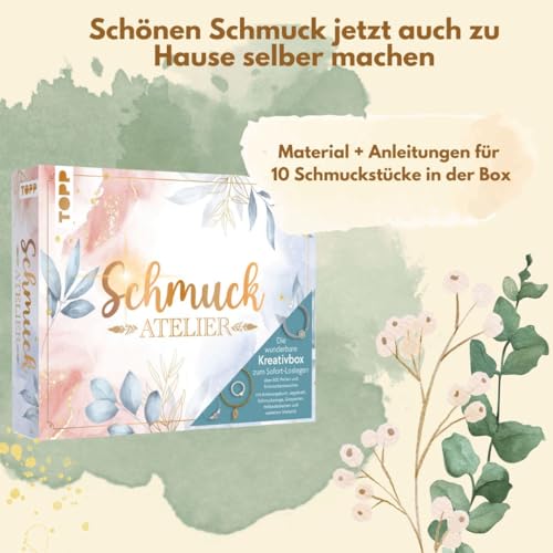 TOPP Die wunderbare Kreativbox Schmuckatelier. Anleitungsbuch (32 S.), Flachzange, Biegeringöffner, Perlennadeln, Perlenlegebrett, über 800 Perlen und Schmuckaccessoires