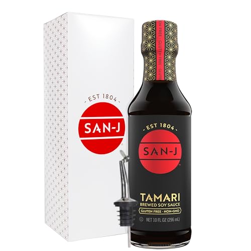 San-J - Gluten Free Tamari Soy Sauce - Specially Brewed - Made with 100% Soy - 10 oz. Bottle - Includes a Collector's Tin and Custom Pour Spout