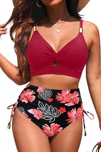 Image of Yonique High Waisted Two Piece Swimsuit-Womens Bikini Set Tummy Control Bathing Suit Modest Full Coverage Bikini 2025