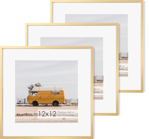 12x12 Metal Picture Frame with 8x8 Mat, Brushed Aluminum Finish, Attached Hanging Hardware, and Tempered Glass Front - Versatile Vertical or Horizontal Wall Display Frames(Gold, Pack of 3)