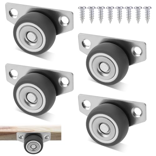 Set of 4 Side Mount Casters, 1.25 Inch Small Rubber L Shaped Plate Caster 140lbs Load Low Profile Mini Ball Bearing Non Swivel No Noise Caster Wheels with Screw for Home Office Furniture Appliance