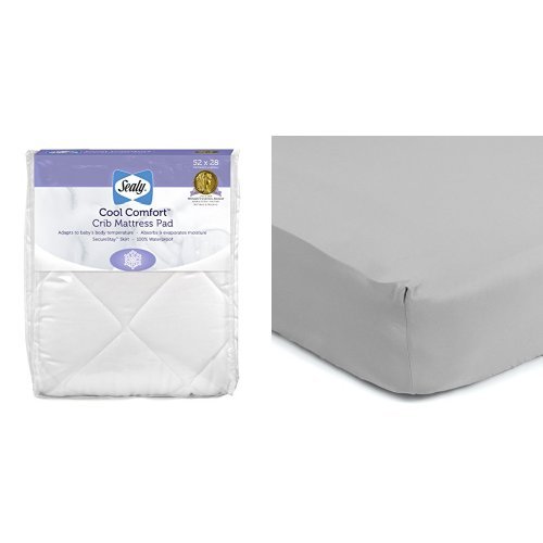 Sealy Cool Comfort Crib Mattress Pad and Crib Sheet Collection, Elephant Grey Baby