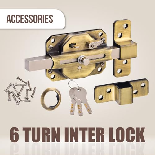 Image of Link Sparta 6 Turn Door Lock - Brass Cylinder with 3 Hi-Tech Keys, Main Door Lock, Double Door Compatibility (Antique Brass)