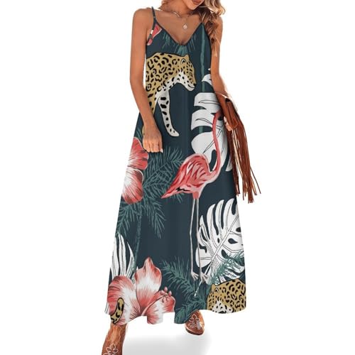 Robe longue imprimé léopard flamant pour femme d'été sans manches