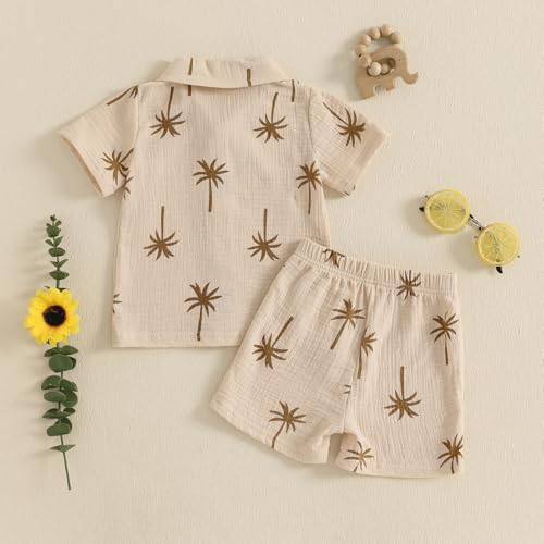 Image of Thorn Tree Toddler Boy Summer Clothes Button Down Shirt & Shorts 2Pcs Tree Printed Casual Beach Outfits