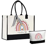 Teacher Gifts for Women, Thank You Rainbow Tote Bag Set, Personalised Appreciation Best Teachers Gift Bags, Large End of the Year Hessian Bag for Nursery Teaching Assistant Maths Sen English History