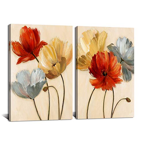Derkymo - Quadros tela decorativa para parede, design de papoilas (2 unidades), vermelho e laranja