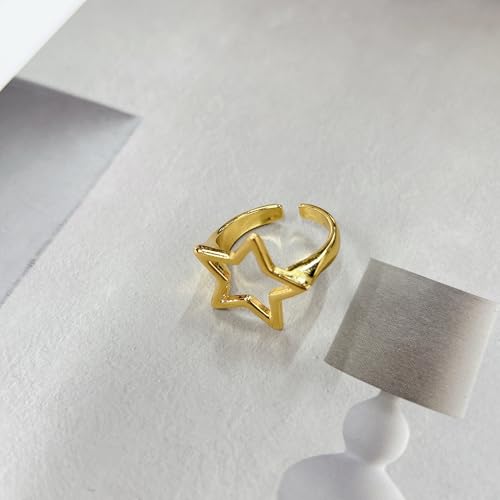 Y2K Hollow Star Open Band Statement Ring Punk Aesthetic for Women Men Stainless Steel Chunky Gothic Grunge Adjustable Stackable Finger Knuckle Rings Vintage Minimalist Silver Comfort Fit Jewelry (Gold)4