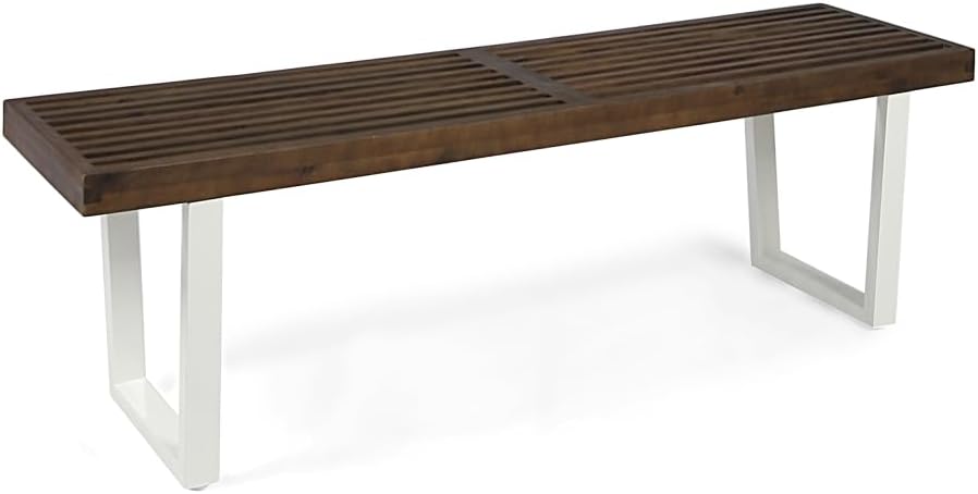 Modern Acacia Wood Dining Bench with Black Iron Legs, Contemporary Outdoor Patio Seat for Garden, Deck or Kitchen (Brown White + Acacia Wood)